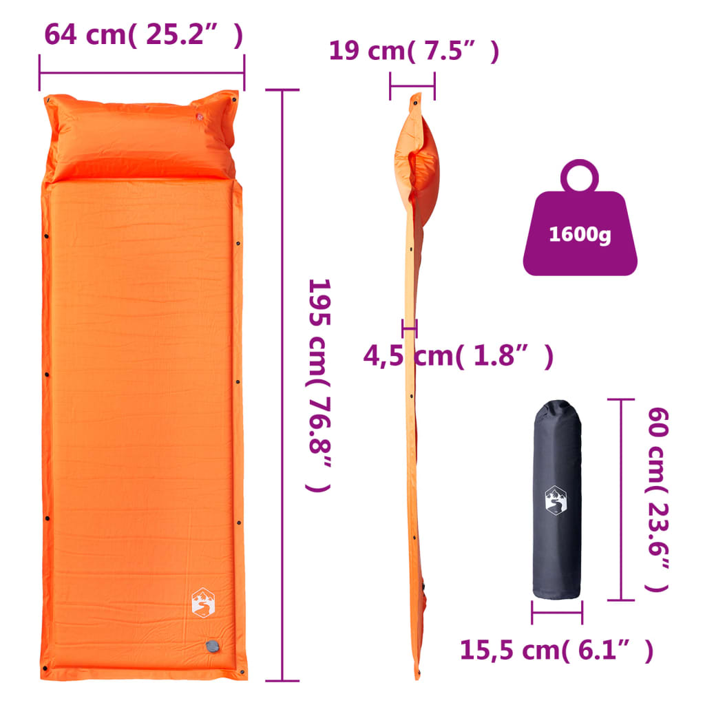 Materasso Campeggio Autogonfiabile Cuscini 1 Persona Arancio - Image 6