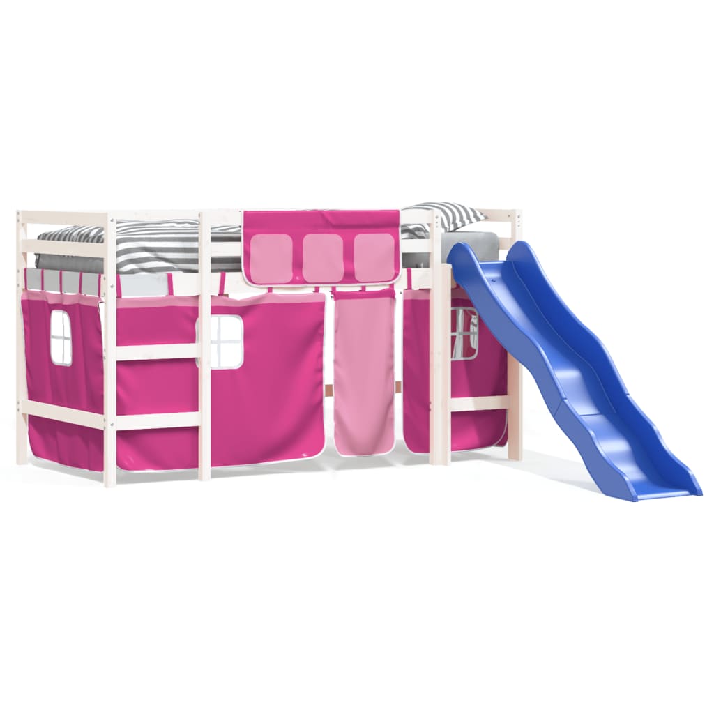 Letto A Soppalco Con Tende Bambini Rosa 80x200 Cm Massello Pino - Image 4