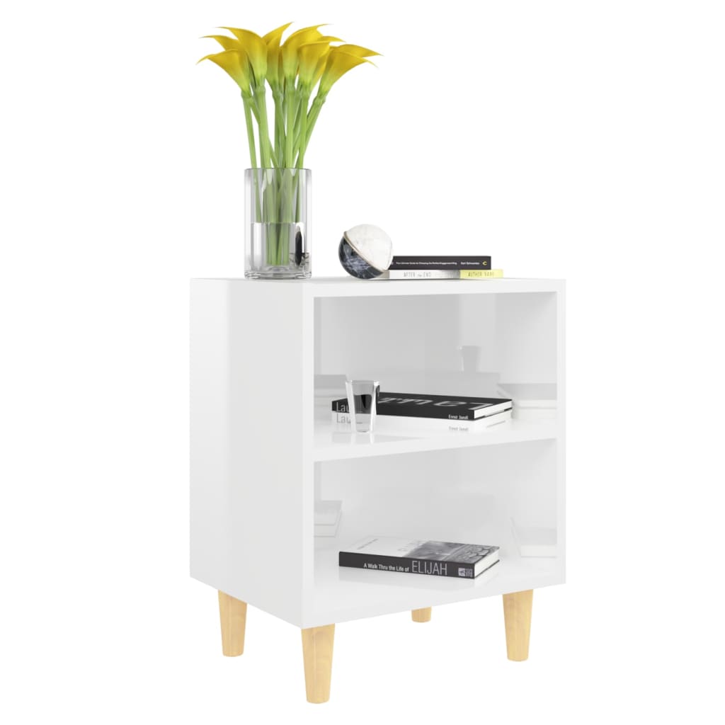 Comodini Gambe In Legno Massello 2pz Bianco Lucido 40x30x50 cm