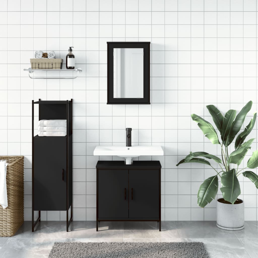 Set Mobili Da Bagno 3 Pz Nero In Legno Multistrato