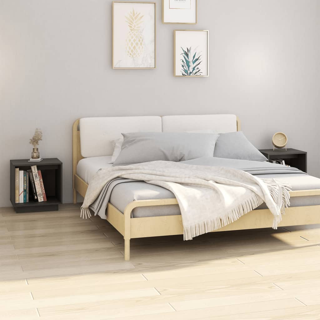 Comodini 2 Pz Grigi 40x30x40 Cm In Legno Massello Di Pino