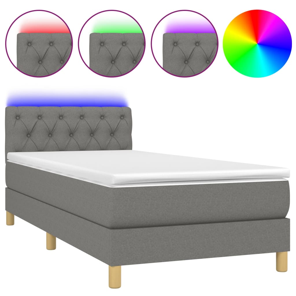 Letto A Molle Materasso E Led Grigio Scuro 80x200 Cm In Tessuto