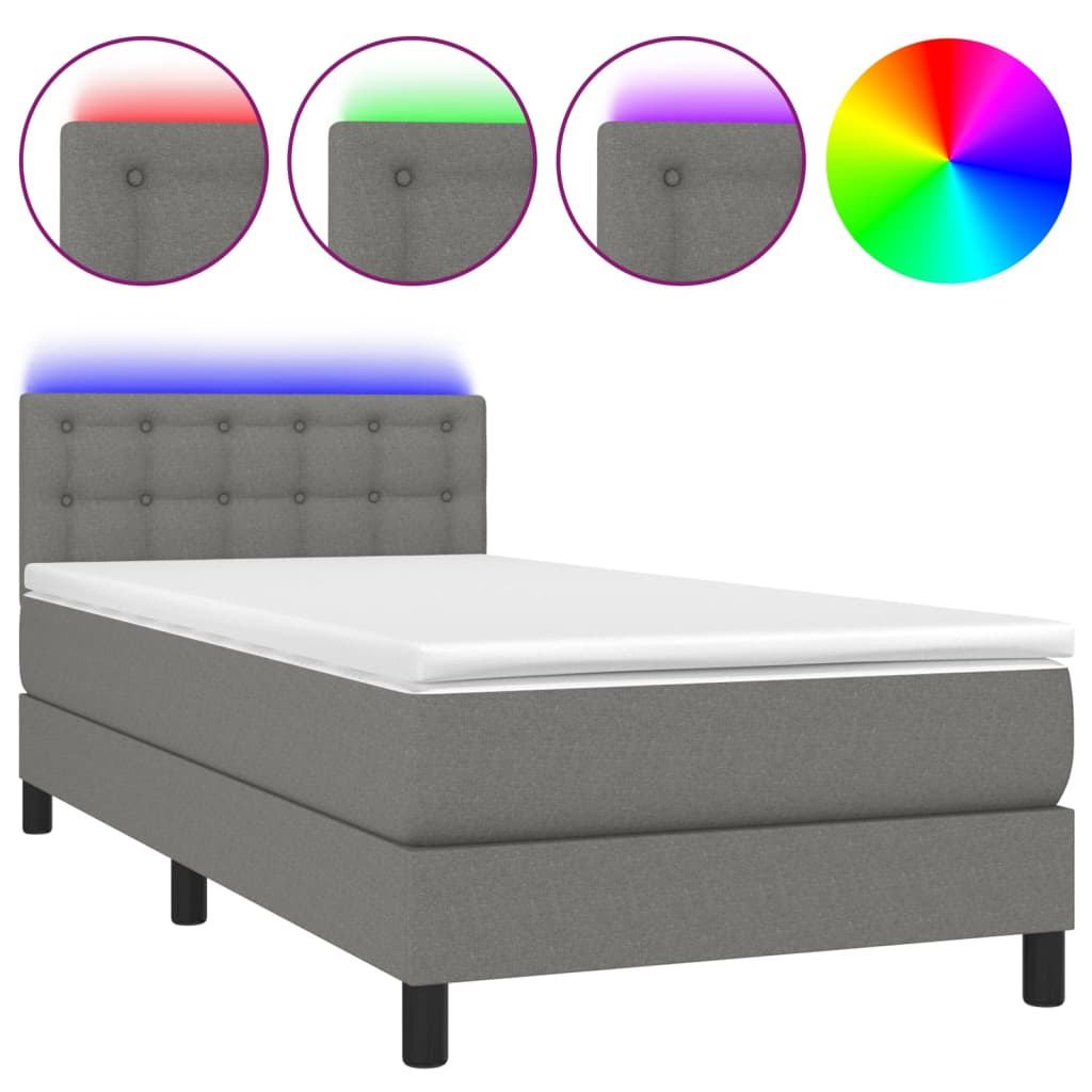 Letto A Molle Materasso E Led Grigio Scuro 80x200 Cm In Tessuto