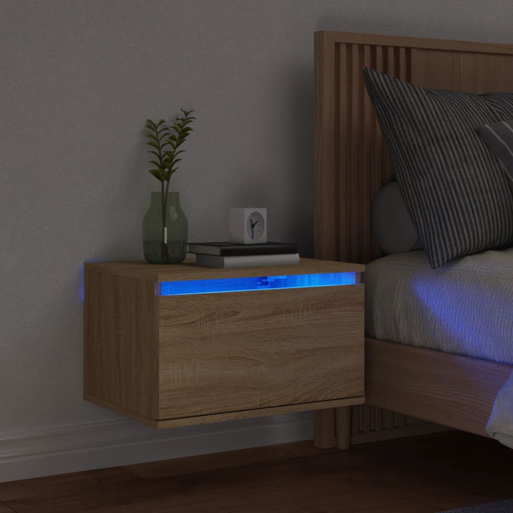 Comodino A Parete Con Luci Led Rovere Sonoma