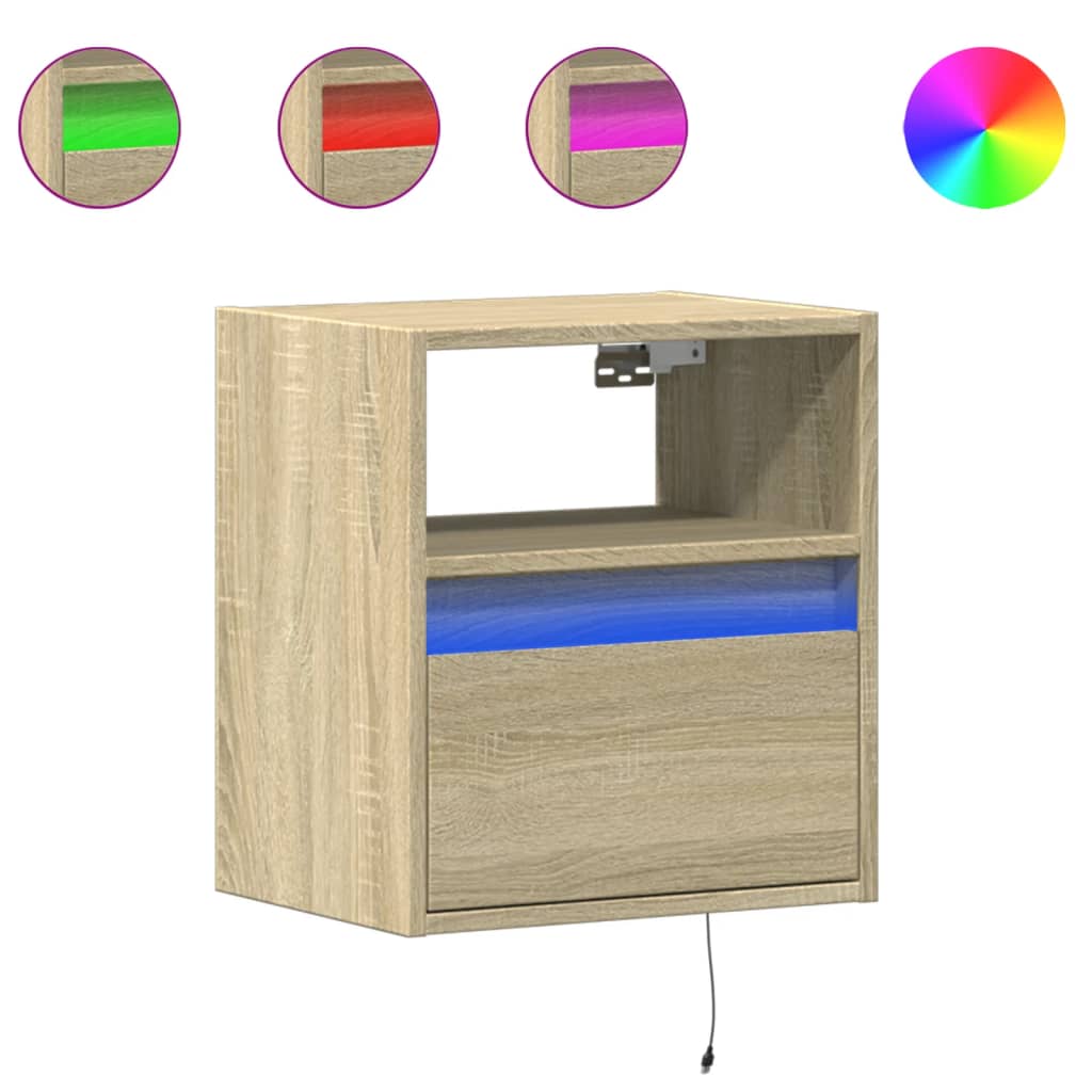 Comodini A Parete Con Luci Led 2 Pz Rovere Sonoma