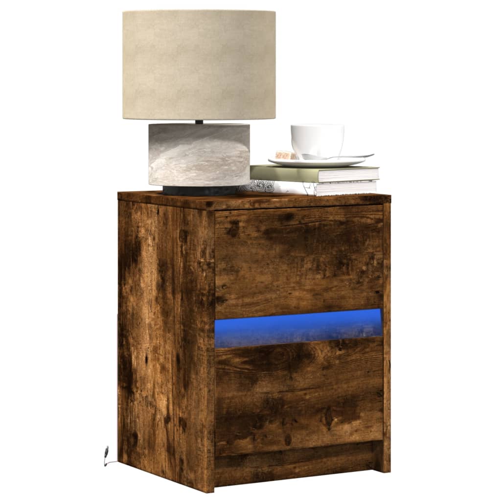 Comodini Con Luci Led 2pz Rovere Fumo In Legno Multistrato
