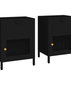 Comodini 2 Pz Neri 40x30x54,5 Cm Acciaio E Vetro