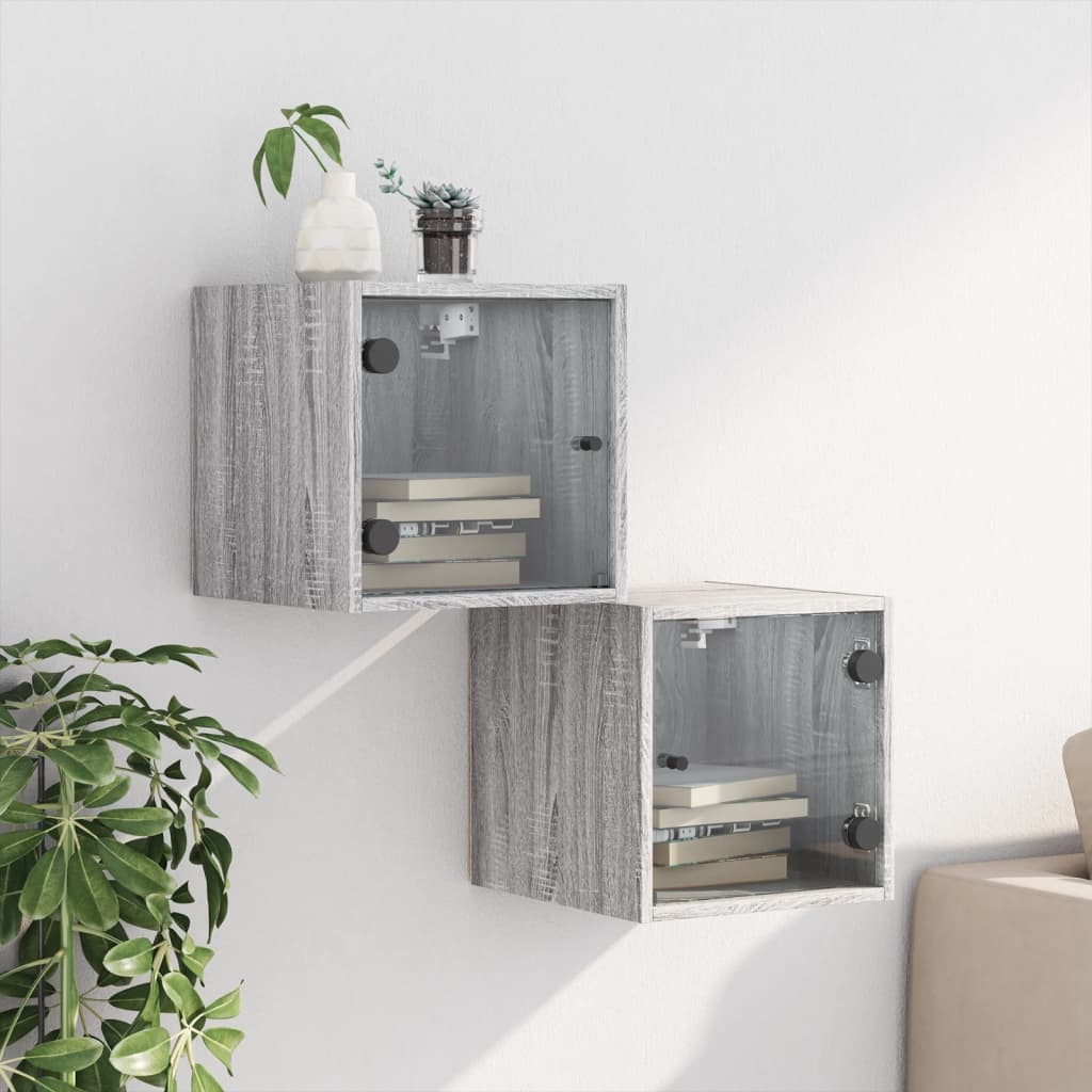 Comodini Con Ante In Vetro 2pz Grigio Sonoma 35x37x35 cm