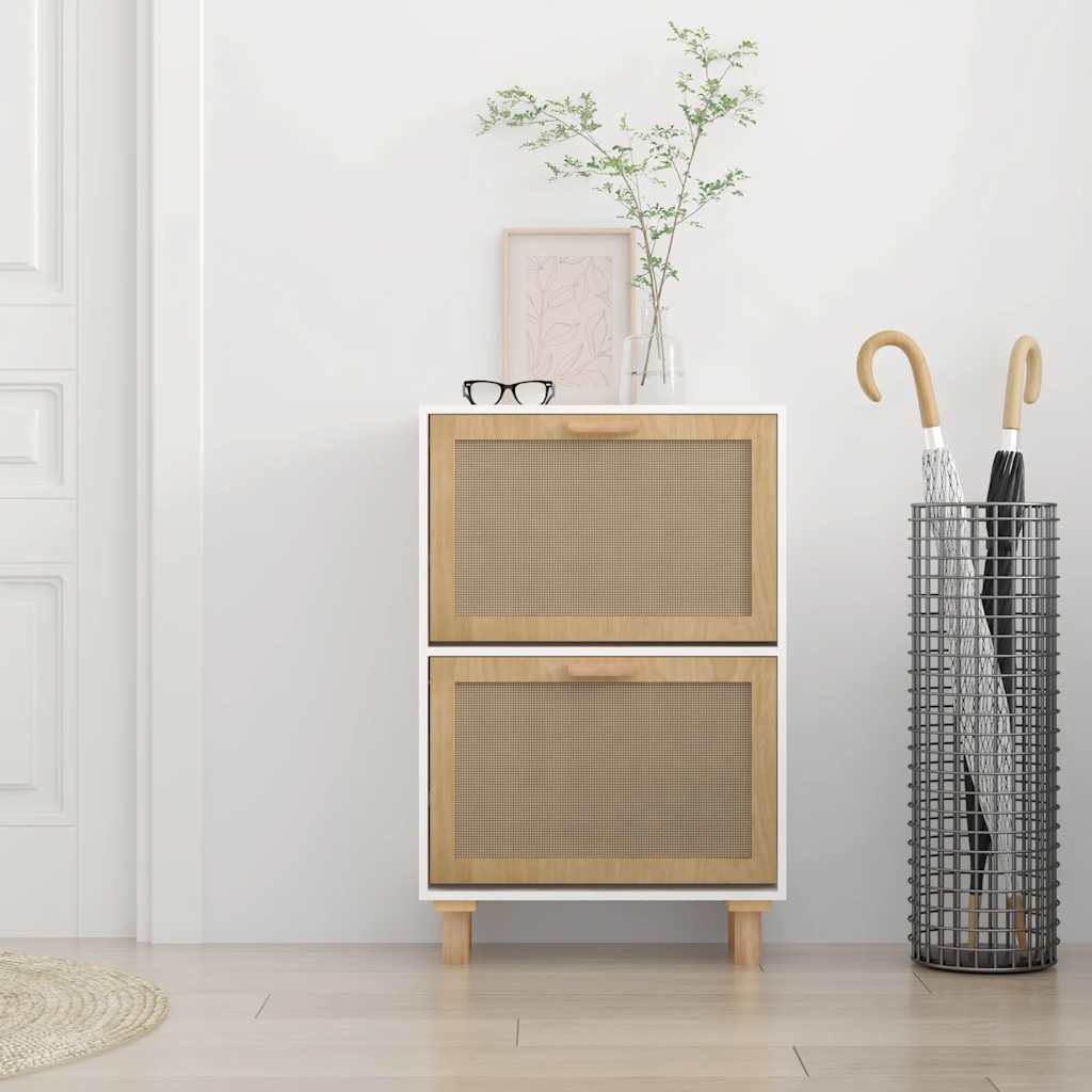 Scarpiera Bianca 52x25x80cm Legno Multistrato E Rattan Naturale