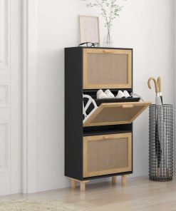 Scarpiera Nero 52x25x115cm Legno Multistrato E Rattan Naturale