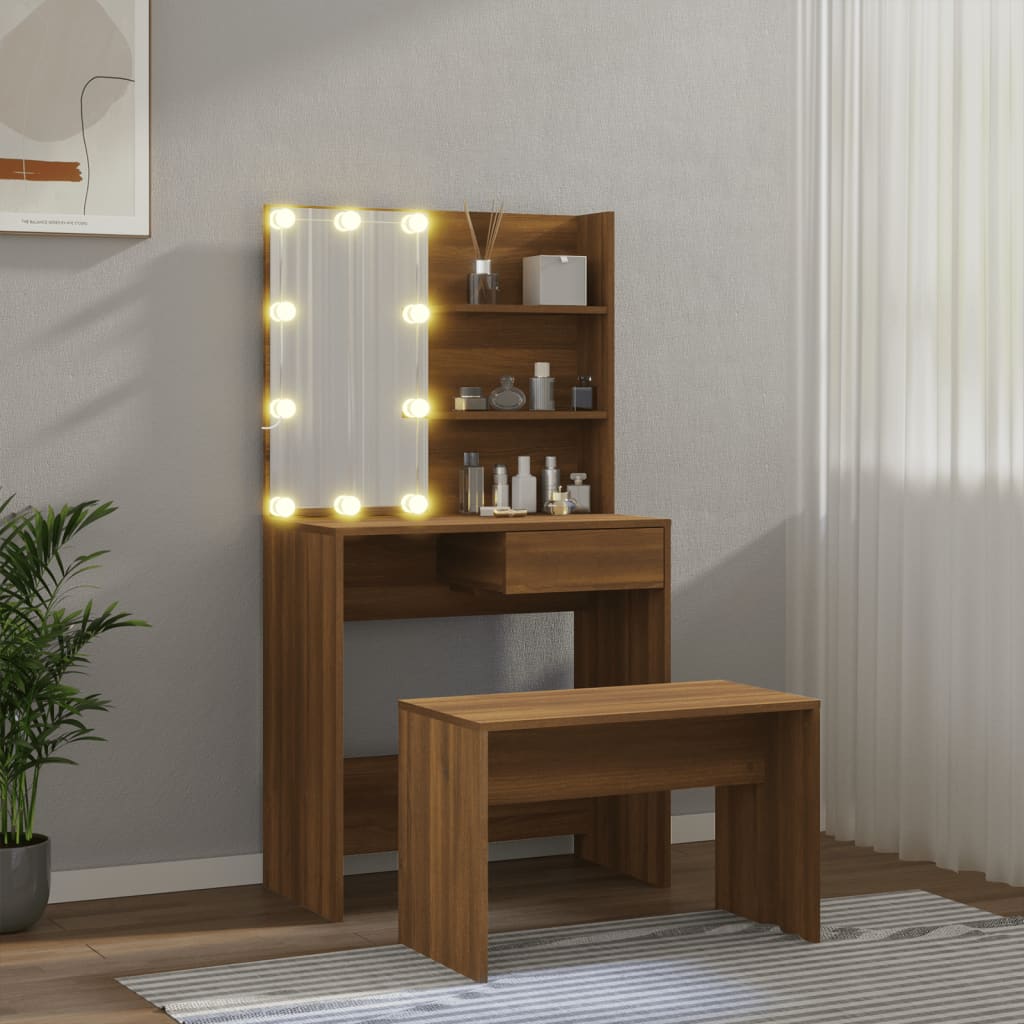 Set Tavolo Da Toeletta Con Led Rovere Marrone Legno Multistrato - Image 2