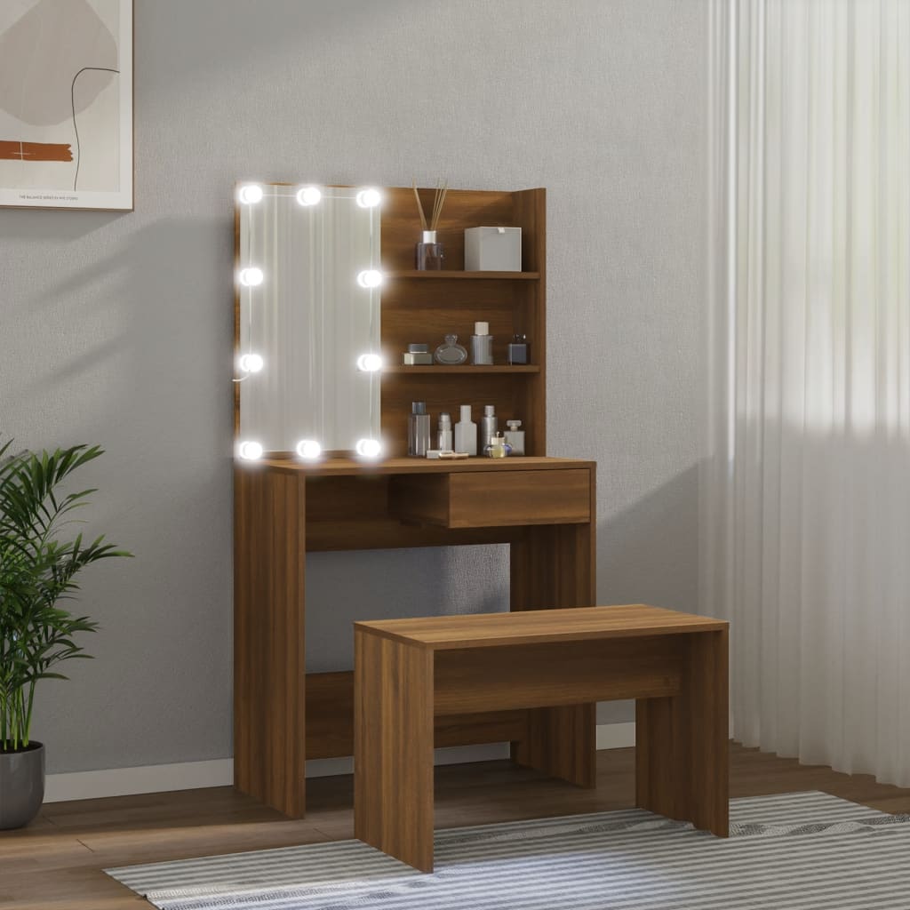 Set Tavolo Da Toeletta Con Led Rovere Marrone Legno Multistrato - Image 3