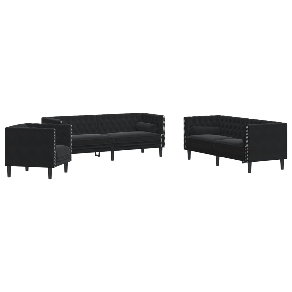 Set Divani Chesterfield 3pz Con Cuscini Nero Velluto