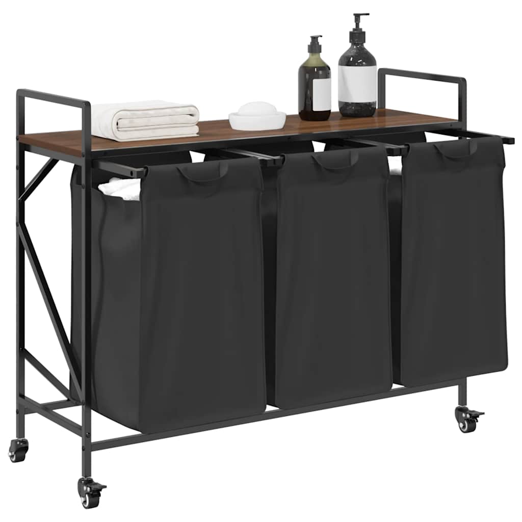 Cesto Della Biancheria 3 Scomparti Con Ruote Rovere Marrone - Image 6