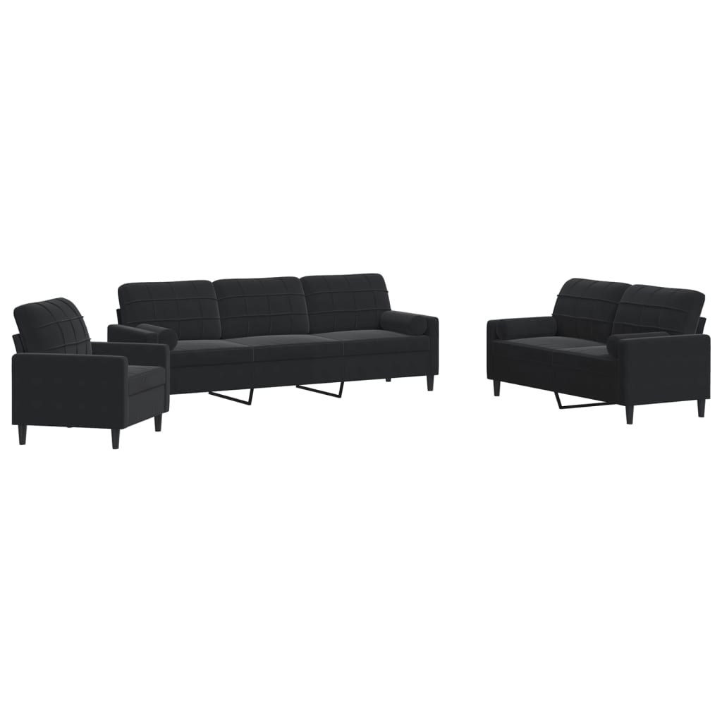 Set Di Divani 3 Pz Con Cuscini E Rinforzi Nero In Velluto
