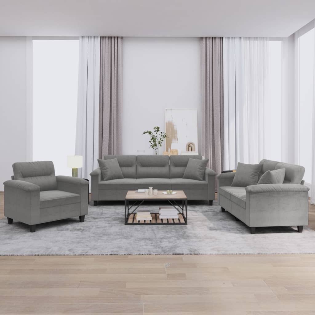Set Divani 3 Pz Con Cuscini Grigio Scuro In Tessuto Microfibra