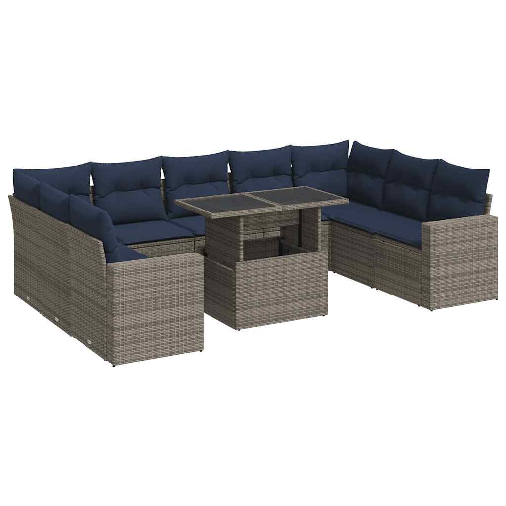 Divano Giardino 10 Pz Con Cuscini Grigio In Polyrattan Acacia