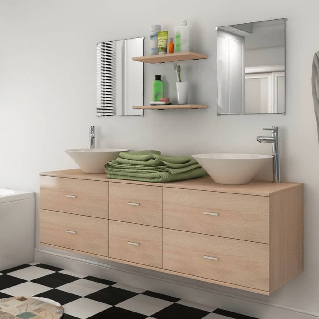 Set Mobili Da Bagno 9 Pz Con Lavabo E Rubinetto Beige