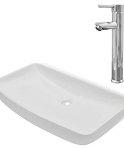 Lavello Bagno Con Miscelatore In Ceramica Rettangolare Bianco