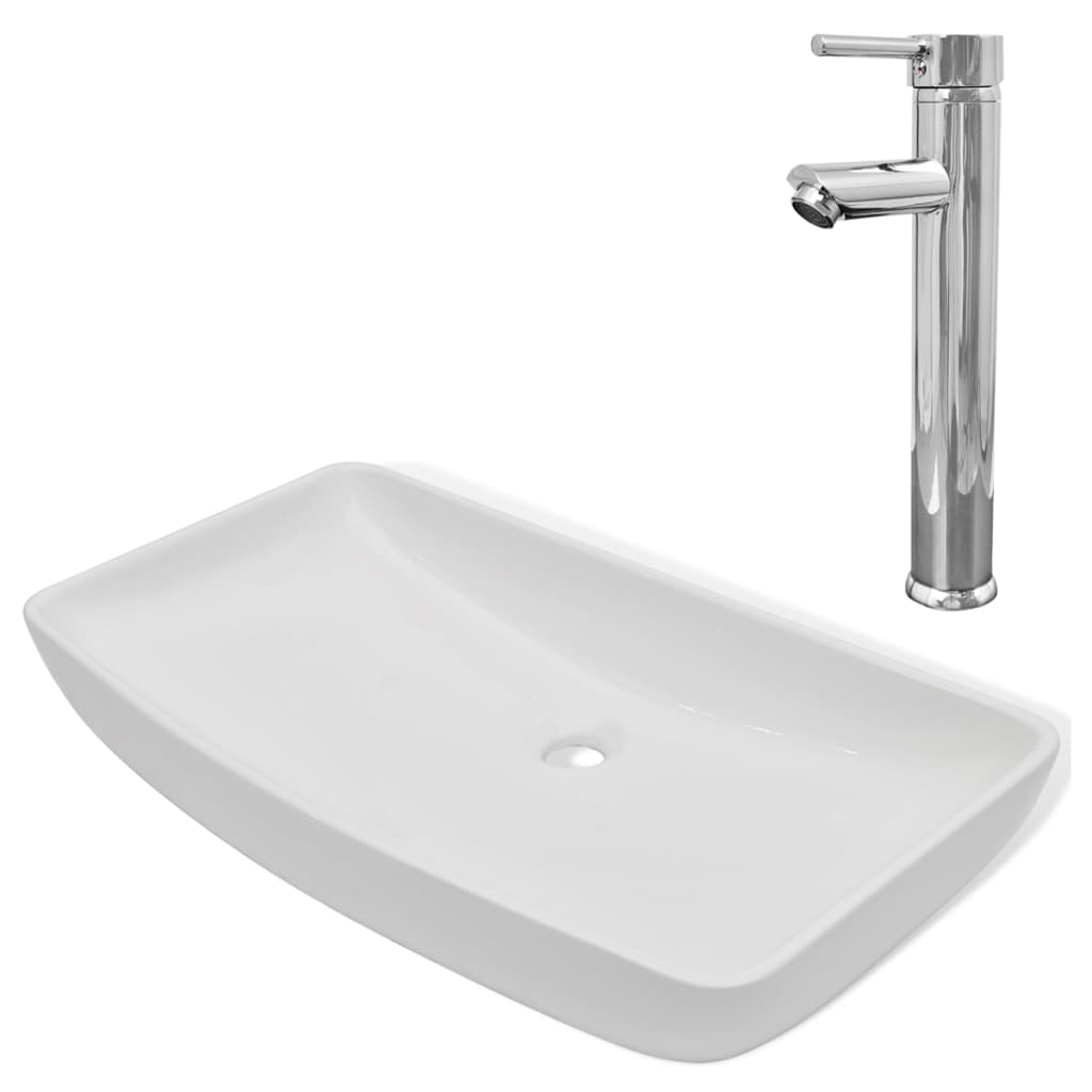 Lavello Bagno Con Miscelatore In Ceramica Rettangolare Bianco