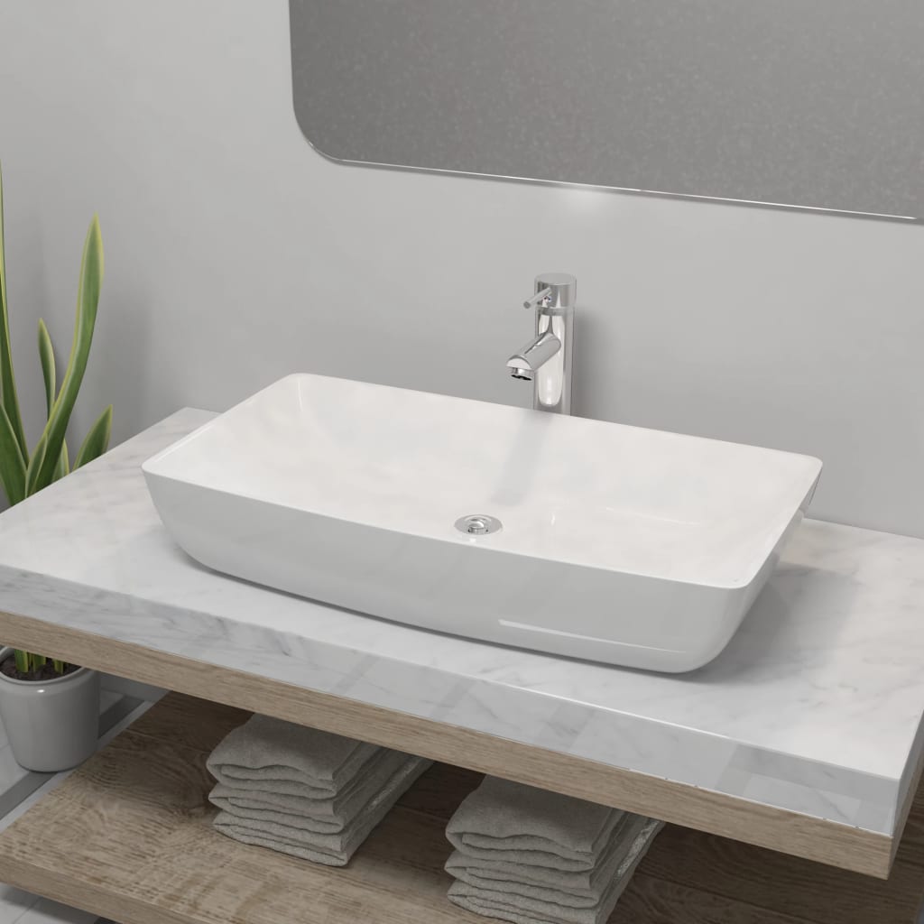 Lavello Bagno Con Miscelatore In Ceramica Rettangolare Bianco - Image 3