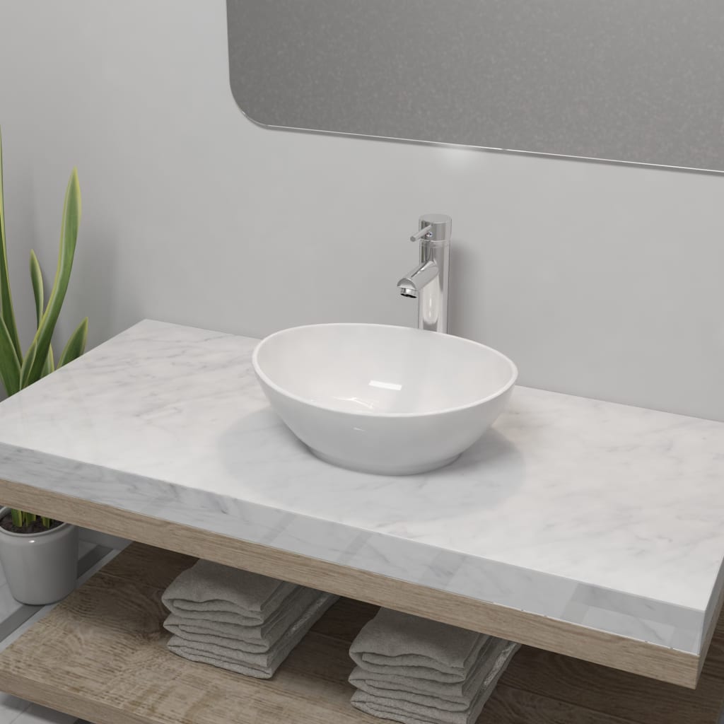 Lavello Bagno Con Miscelatore In Ceramica Ovale Bianco - Image 3