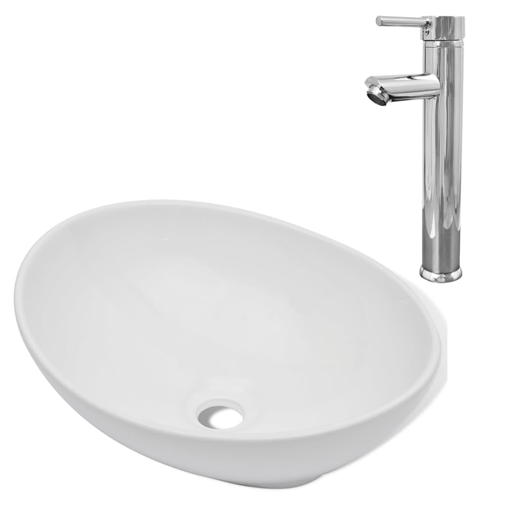 Lavello Bagno Con Miscelatore In Ceramica Ovale Bianco - Image 5