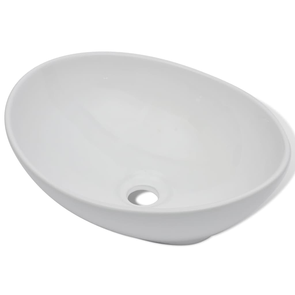 Lavello Bagno Con Miscelatore In Ceramica Ovale Bianco