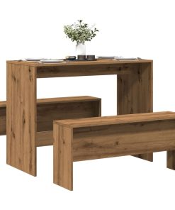 Set Tavolo Da Pranzo E Panche 3pz Rovere Artigianale Truciolato