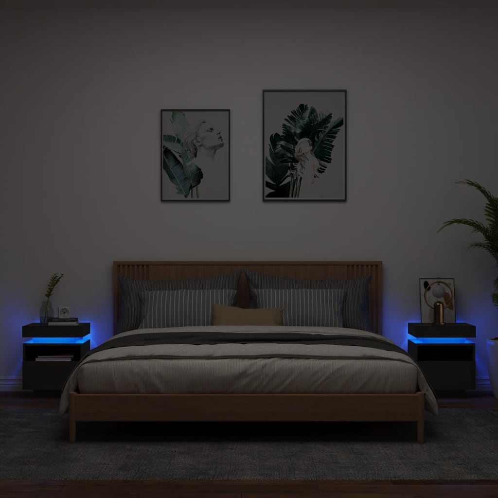Comodini Con Luci Led 2pz Neri 40x39x48,5 cm