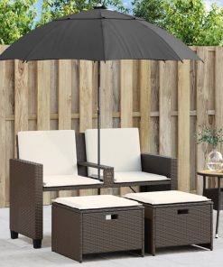 Divano Giardino 2posti Ombrellone E Sgabelli Marrone Polyrattan