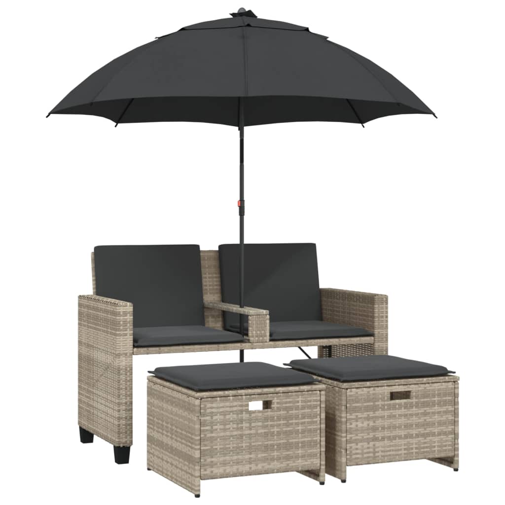 Divano 2posti Ombrellone E Sgabelli Grigio Chiaro Polyrattan