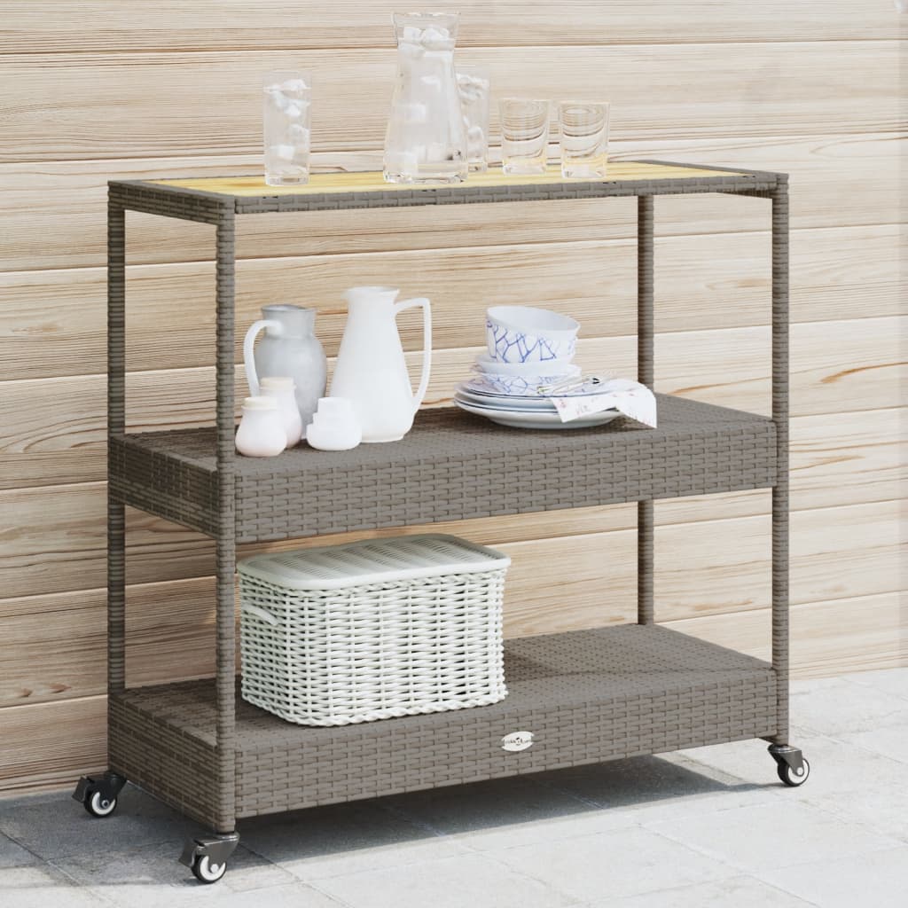 Carrello Da Bar 3 Livelli Grigio Polyrattan E Massello Acacia