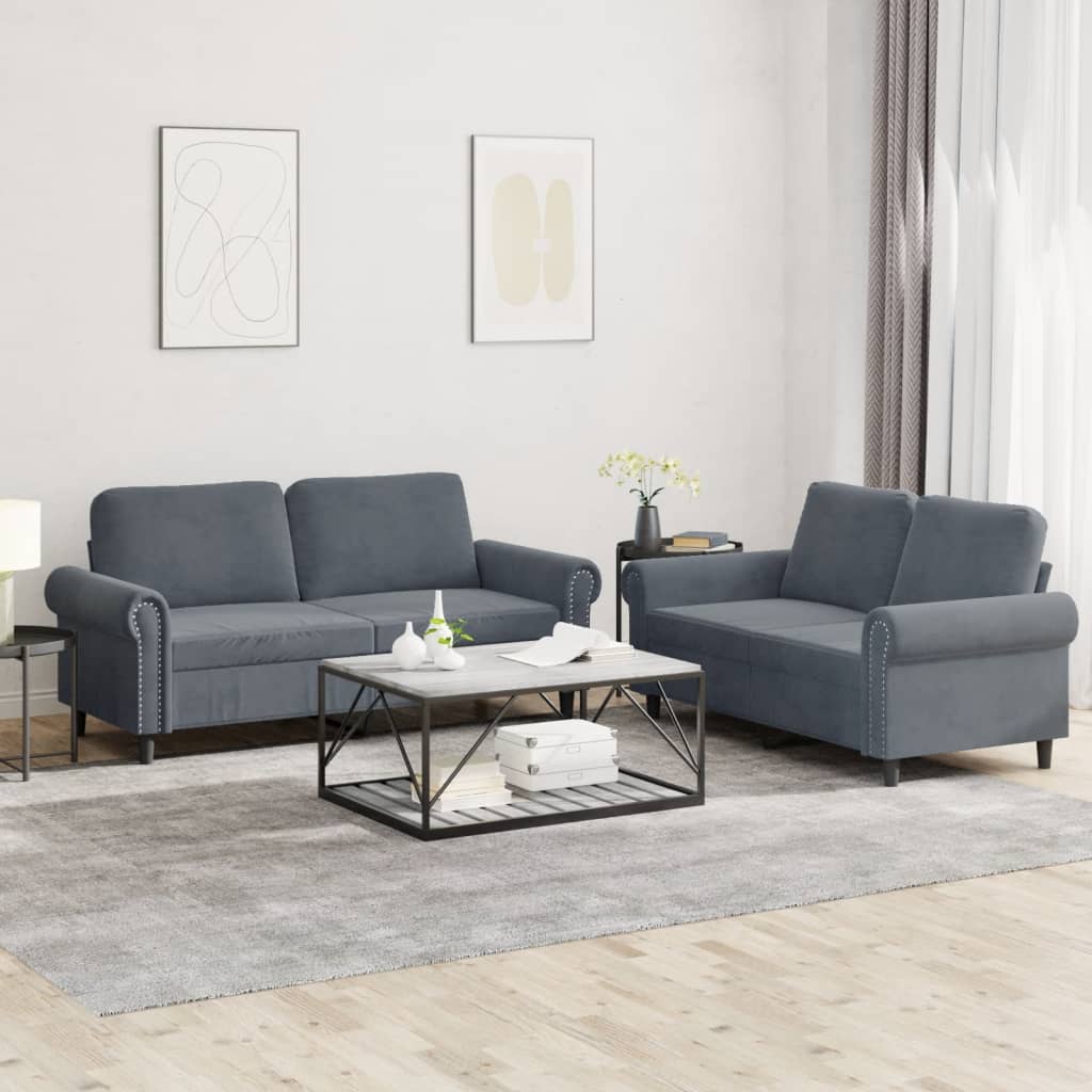 Set Di Divani 2 Pz Con Cuscini Grigio Scuro In Velluto