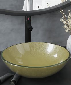 Lavandino Rubinetto E Piletta A Pressione Vetro Temperato Oro