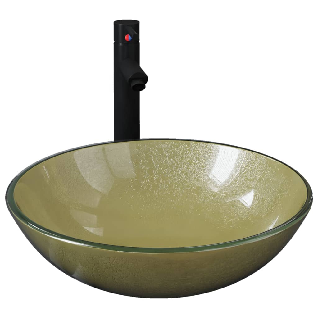 Lavandino Rubinetto E Piletta A Pressione Vetro Temperato Oro - Image 6