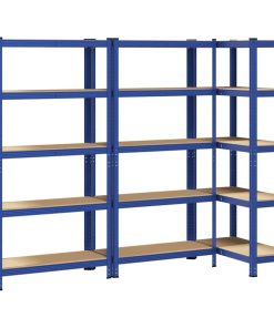 Mensole Portaoggetti 5 Strati 3pz Blu Acciaio Legno Multistrato