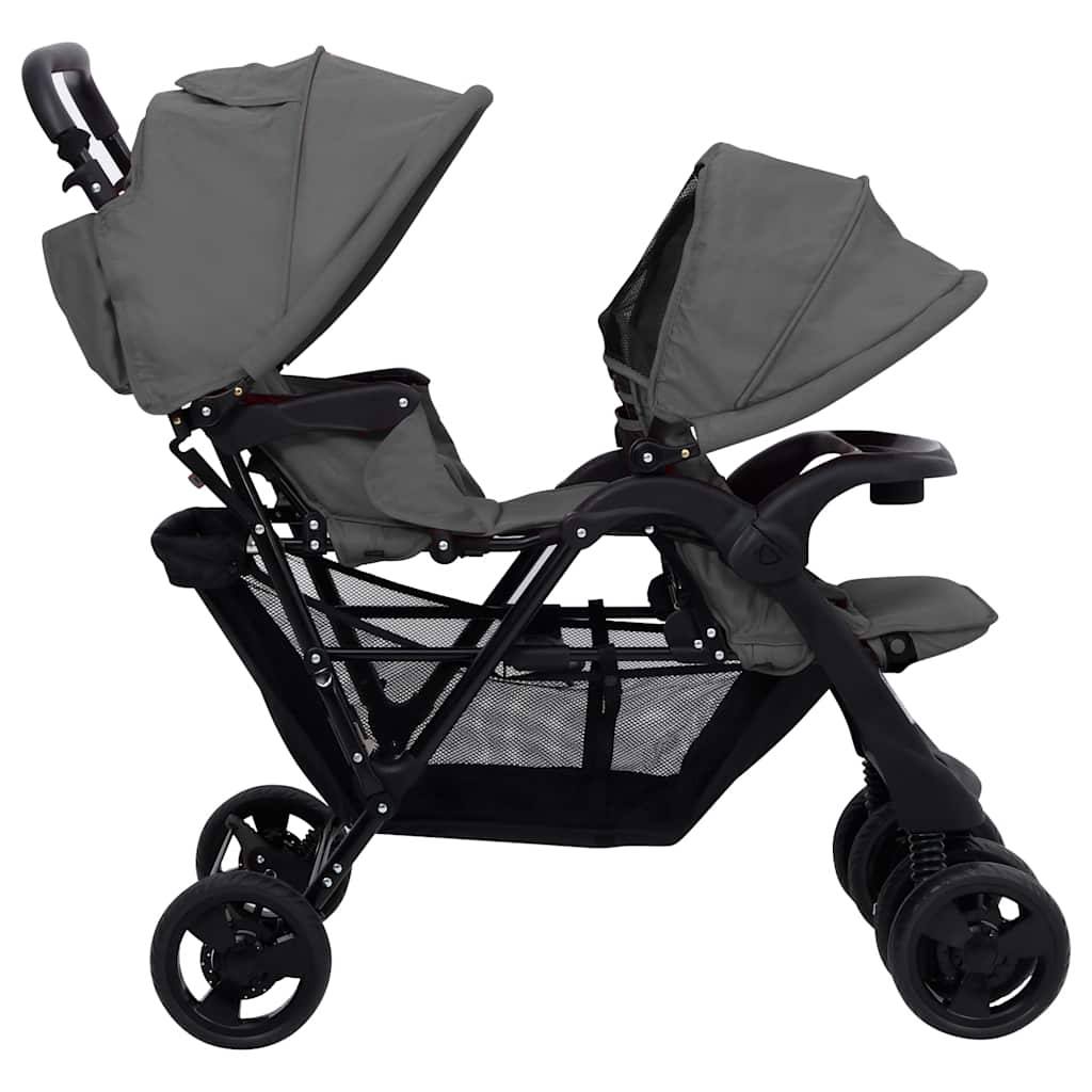 Passeggino Gemellare A Tandem Grigio Scuro In Acciaio
