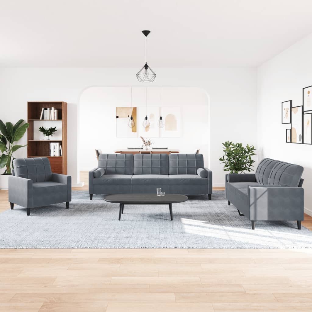 Set Di Divani 3 Pz Con Cuscini E Rinforzi Grigio Scuro Velluto