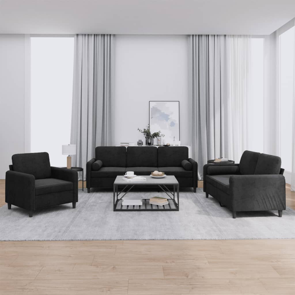 Set Di Divani 3 Pz Con Cuscini Nero In Velluto