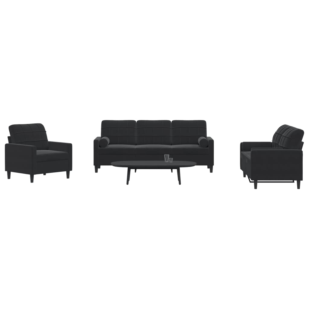 Set Di Divani 3 Pz Con Cuscini E Rinforzi Nero In Velluto - Image 3