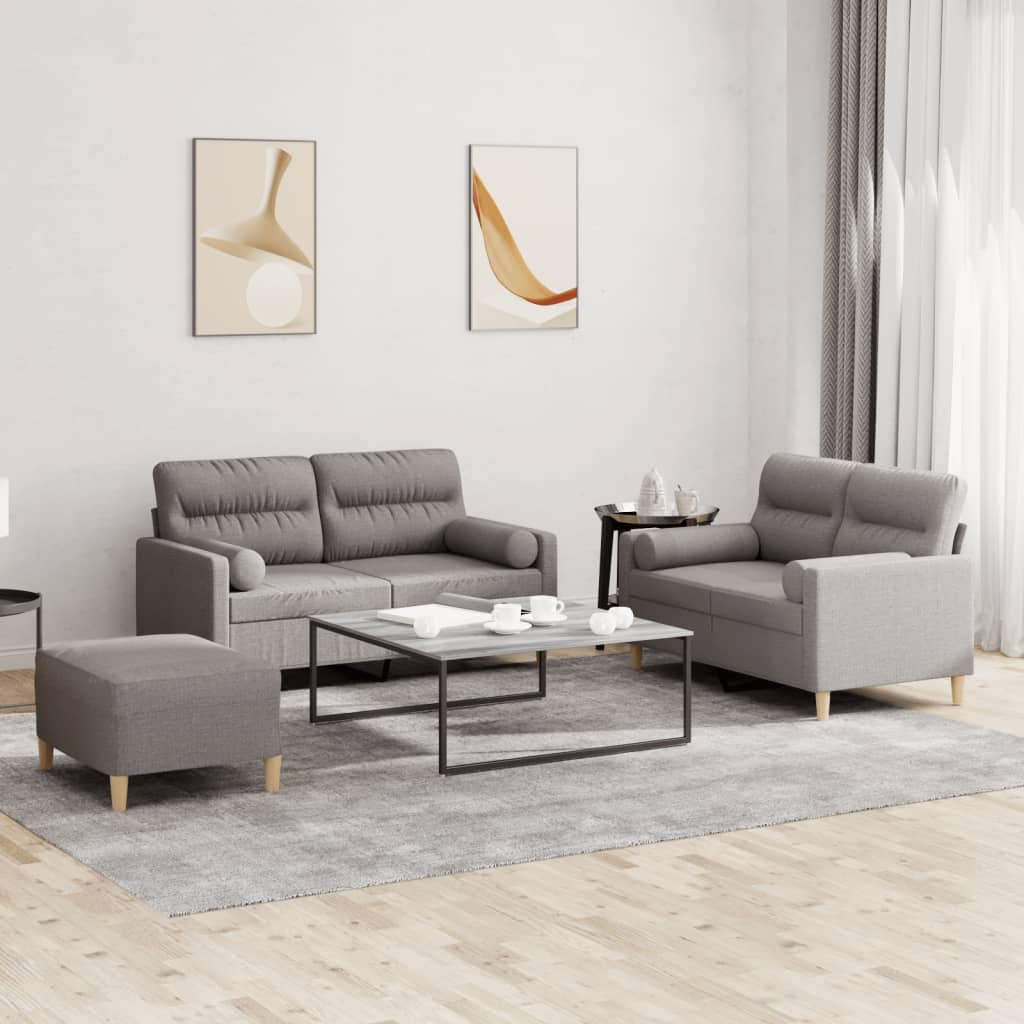Set Divani 3 Pz Con Cuscini Tortora In Tessuto