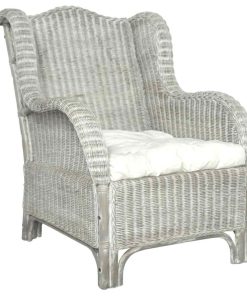 Poltrona Con Cuscino Grigio In Rattan Naturale E Lino