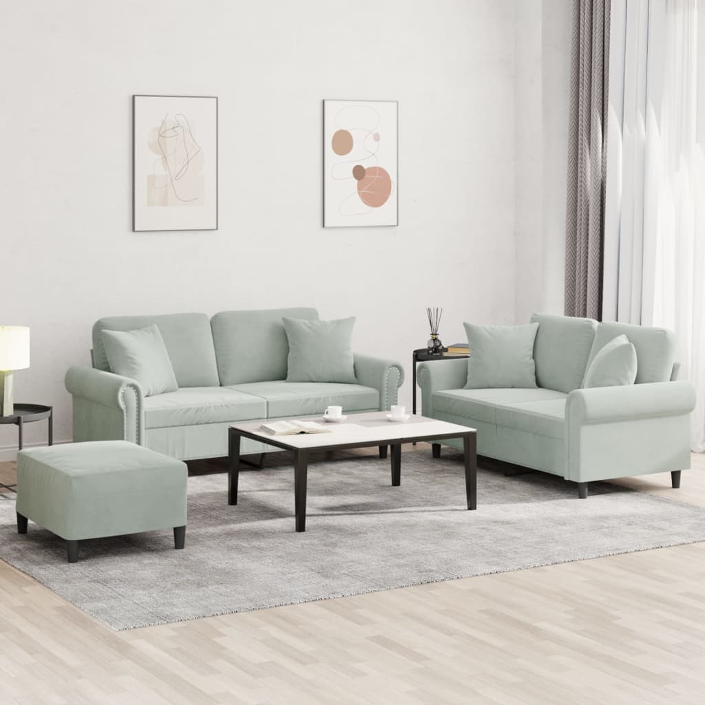 Set Di Divani 3 Pz Con Cuscini Grigio Chiaro In Velluto - Image 4