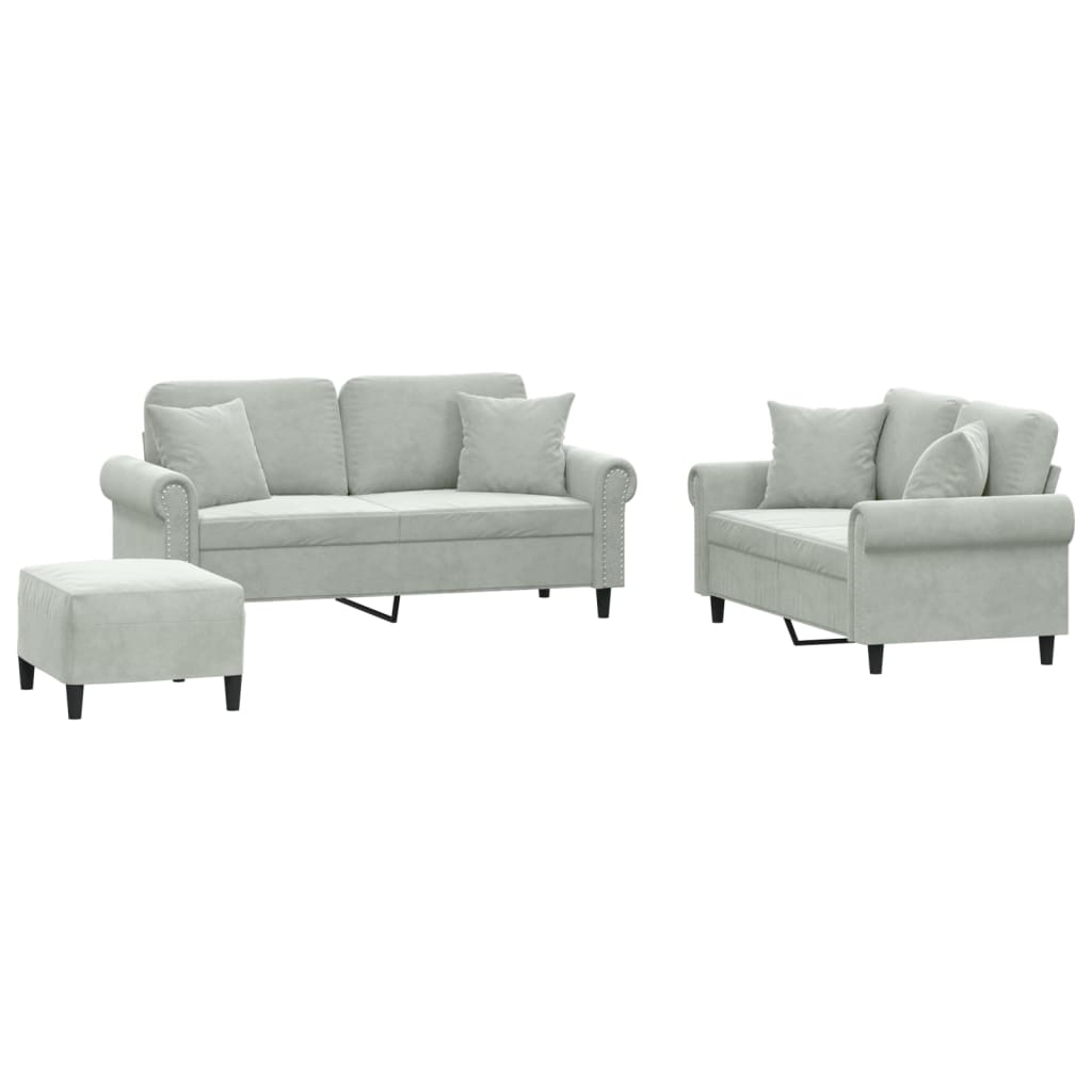 Set Di Divani 3 Pz Con Cuscini Grigio Chiaro In Velluto - Image 3