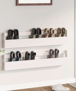 Scarpiere A Parete 2pz Bianco 110x9x23cm Legno Massello Di Pino