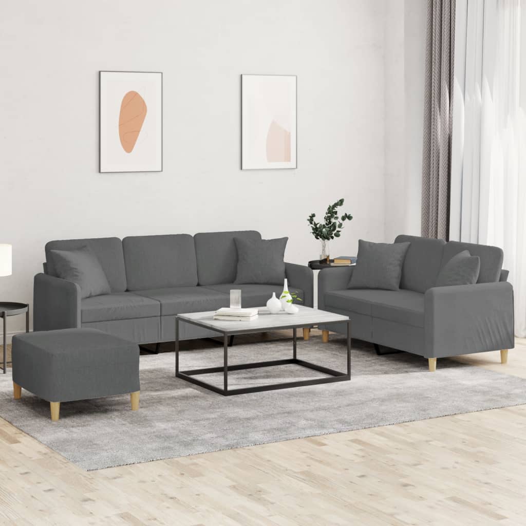 Set Di Divani 3 Pz Con Cuscini Grigio Scuro In Tessuto