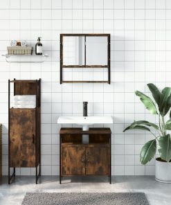 Set Mobili Da Bagno 3 Pz Rovere Fumo In Legno Multistrato