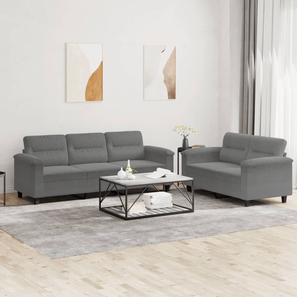 Set Divani 2 Pz Con Cuscini Grigio Scuro In Tessuto Microfibra