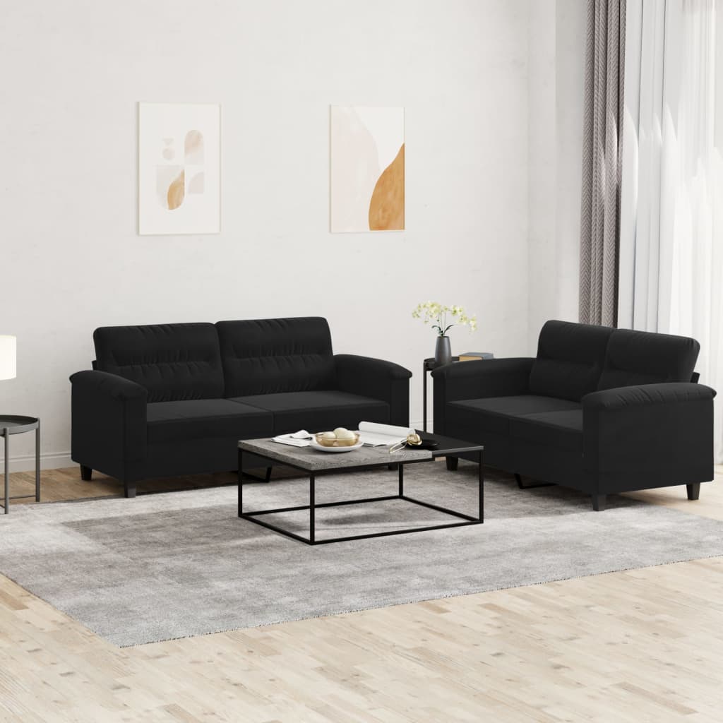 Set Divani 2 Pz Con Cuscini Nero In Tessuto Microfibra